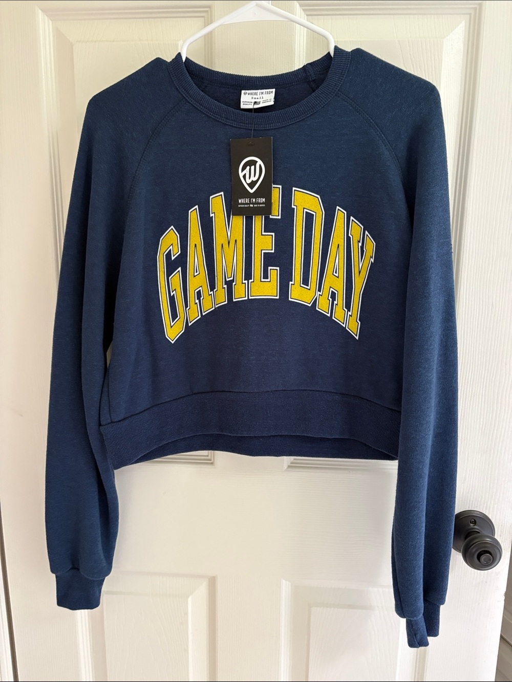 Game Day Navy Cropped Sweatshirt with Yellow Lettering